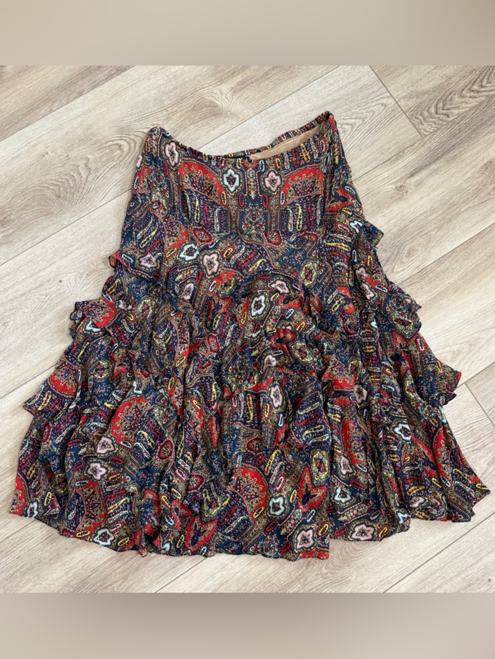 DKNY 100% Silk Whimsy Ruffle Maxi Skirt Paisley Fairy size 10